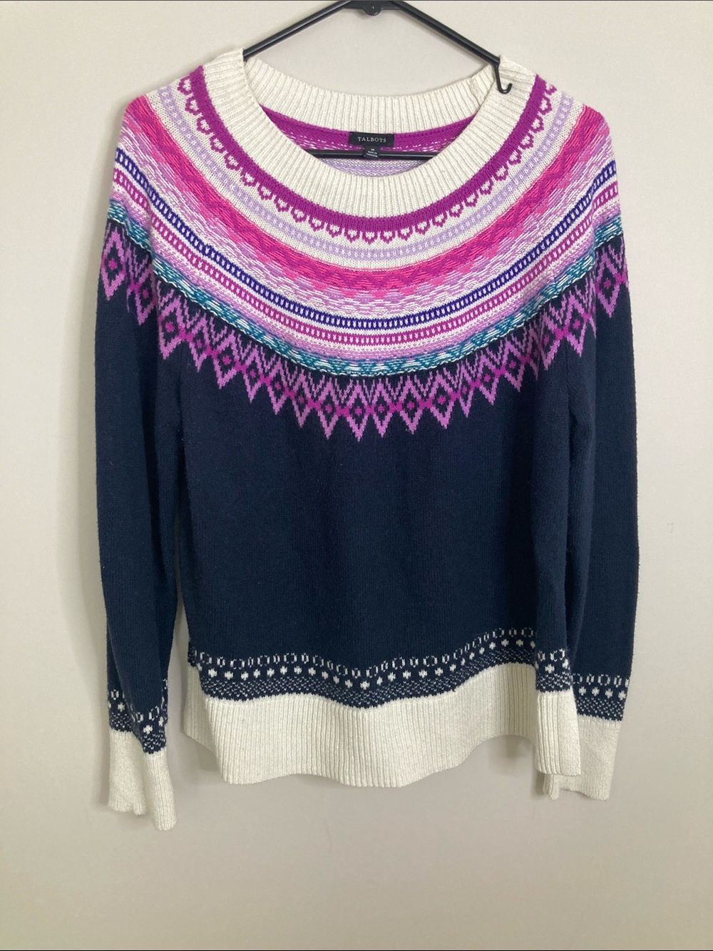 Talbots Navy Crewneck Sweater with Pink, Teal and White Fair Isle Yoke